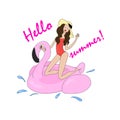 Hand drawn young beautiful woman floating on inflatable ring in the shape of flamingo.