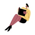 Blond stylish woman sitting and enjoying reading book vector illustration
