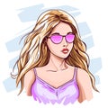 Hand drawn young blonde girl. Beautiful woman in pink fashion sunglasses with long blond hair sketch vector illustration Royalty Free Stock Photo