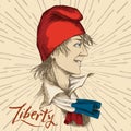 Hand-drawn young Frenchman in a red Phrygian cap. A symbol of freedom, the scarf with the state colors of the French
