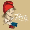 Hand-drawn young Frenchman in a red Phrygian cap. A symbol of freedom,the scarf with the state colors of the French