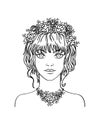 Hand drawn young girl with curly hair and flowers.