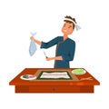 Man cook cutting raw fish for making sushi vector illustration