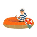 Man sailor in striped uniform sitting riding dinghy vector illustration