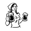 Hand drawn young sexy waitress, serving big beer mugs. Sketch of beautiful country girl holding cups full of beer. Vector