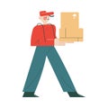 Smiling courier in working uniform and cap delivering order in box to client home