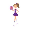 Smiling girl cheerleader in violet costume with pompons vector illustration