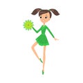 Girl cheerleader in green costume dancing with pompons vector illustration