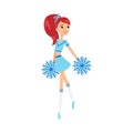 Girl cheerleader in blue costume dancing with pompons vector illustration