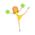 Smiling girl cheerleader in yellow costume with pompons vector illustration