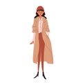 A hand-drawn young woman in a beige coat and brown hat. Cute smile brunette in modern street style looks. Vector stock