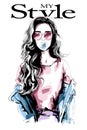 Hand drawn young woman with chewing gum. Beautiful woman portrait. Cute girl with long hair. Fashion woman in casual clothing. Royalty Free Stock Photo