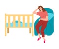 Woman mother napping in armchair near her babys cradle vector illustration