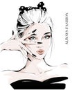 Hand drawn young woman with hand near face. Fashion girl with spotted black bow in her hair. Stylish woman. Sketch.