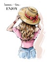 Hand drawn young woman in summer hat. Beautiful blonde hair girl. Girl with beautiful long hair. Royalty Free Stock Photo