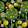 Hand-drawn yuzu tree background design in color. Vintage citrus branches, flowers, leaves whole fruit, cut half-piece sketches.