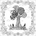 Hand drawn zen tangle monochrome stylized tree in floral frame, stock vector illustration