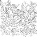 Hand drawn zentangle bird sitting on blooming tree branch for ad