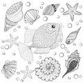 Hand drawn zentangle Fish with sea shells for adult anti stress Royalty Free Stock Photo