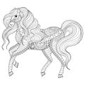 Hand drawn zentangle horse for adult coloring page, art therapy, greeting card, decoration element.