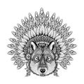 Hand Drawn Zentangle Wolf in Feathered War bonnet, high datailed Royalty Free Stock Photo