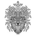 Hand drawn zentangle wolf head with flowers illustration