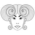 Hand drawn zentangle Zodiac sign Aries with girl face for adult Royalty Free Stock Photo