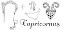 Hand drawn zodiac Capricorn constellation. Two black and white zodiac symbols, constellation, goat ornamental head and inscription