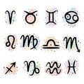 Hand drawn zodiac signs set. Astrological mystical symbols, icons. Horoscope. Stars Royalty Free Stock Photo