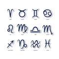 Hand drawn zodiac signs set. Astrological mystical symbols, icons. Horoscope. Stickers Royalty Free Stock Photo