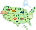 Hand drawnd doodle USA map flat cartoon style. Big cities, famous landmarks, animals, national symbols. Intersatates