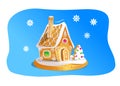 Hand drawnin gingerbread house isolated on blue background. Christmas cookies. Brown and white colors. Royalty Free Stock Photo