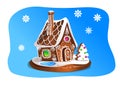 Hand drawnin gingerbread house isolated on blue background. Christmas cookies. Brown and white colors. Royalty Free Stock Photo