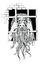 Hand drawning of old bearded prisoner looking through the jail window