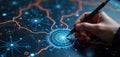 Hand draws on digital tech interface. Futuristic design. Abstract map with lines and points. Person creates digital art on Royalty Free Stock Photo