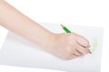 Hand draws by green pencil on sheet of paper Royalty Free Stock Photo