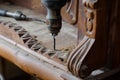 hand drill boring into antique wooden furniture, wood curls Royalty Free Stock Photo
