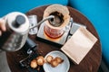 Hand drip coffee, barista pouring water on coffee ground with filter Royalty Free Stock Photo