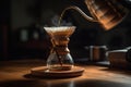 Hand drip coffee kit, barista pouring water on coffee ground with filter. Generative ai