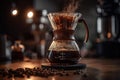 Hand drip coffee kit, barista pouring water on coffee ground with filter. Generative ai