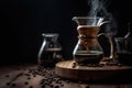 Hand drip coffee kit, barista pouring water on coffee ground with filter. Generative ai