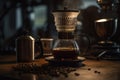 Hand drip coffee kit, barista pouring water on coffee ground with filter. Generative ai