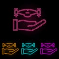 hand with a drone color neon set. Simple thin line, outline vector of drones icons for ui and ux, website or mobile application