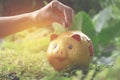 Hand drop the coin into piggy bank for saving money and success, Royalty Free Stock Photo