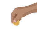 Hand dropping putting golden coin look like cryptocurrency clean vector illustration finance money concept isolated white backgrou