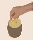 Hand dropping putting golden coin in saving cash box Piggy Bank clean vector illustration finance money concept