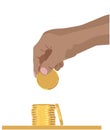 Hand dropping putting and stacking golden coin clean vector illustration finance money concept isolated white background Royalty Free Stock Photo