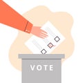 Hand drops the ballot into ballot box flat cartoon vector illustration isolated.