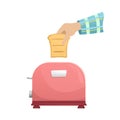 Hand drops a piece of bread into the toaster. Vector flat isolated illustration