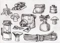 Hand drown kit, set of hiking, camping equipment, black and white, scanned illustration